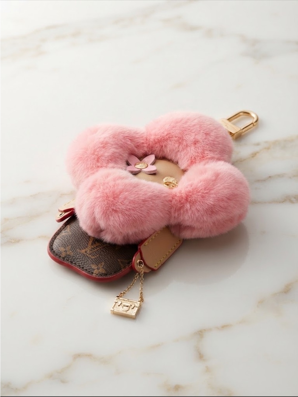 Pink Viv Fur Flower purse charm with Gold tone Hardware
